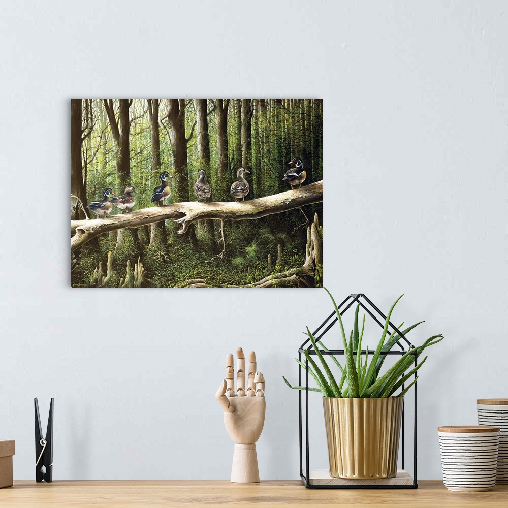 A bohemian room featuring Contemporary painting of a family of Wood Ducks standing on a log in a shady forest.