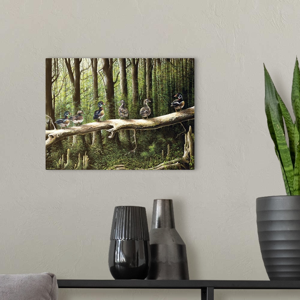 A modern room featuring Contemporary painting of a family of Wood Ducks standing on a log in a shady forest.