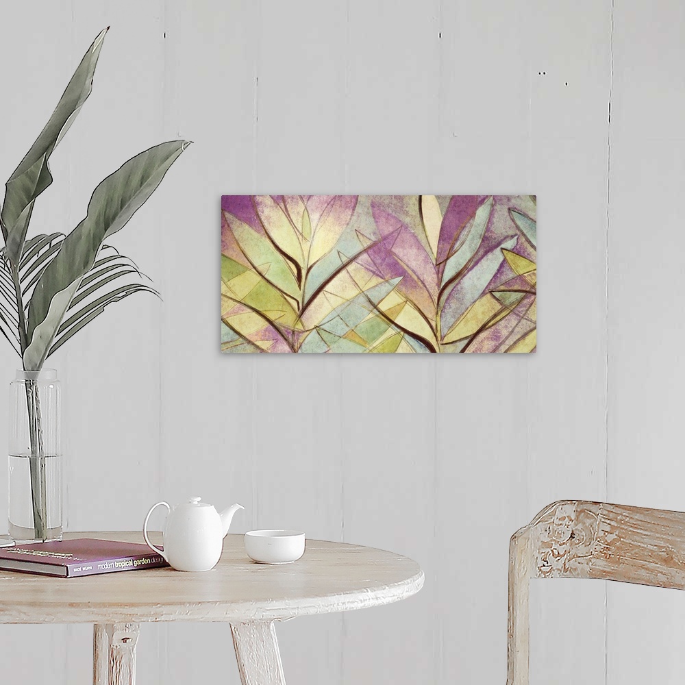 A farmhouse room featuring Abstract painting of several palm leaves in varying colors intersecting.