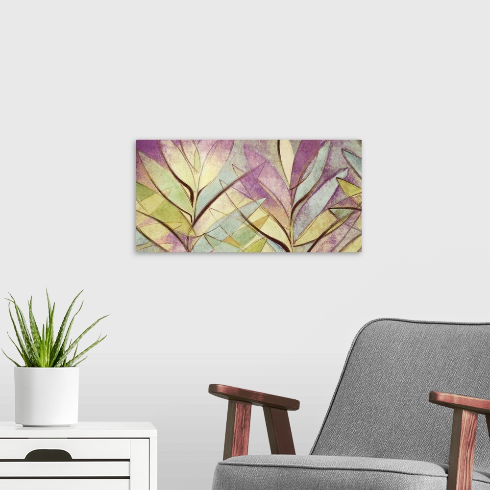 A modern room featuring Abstract painting of several palm leaves in varying colors intersecting.