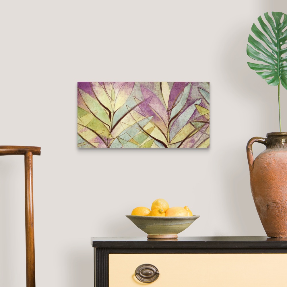 A traditional room featuring Abstract painting of several palm leaves in varying colors intersecting.