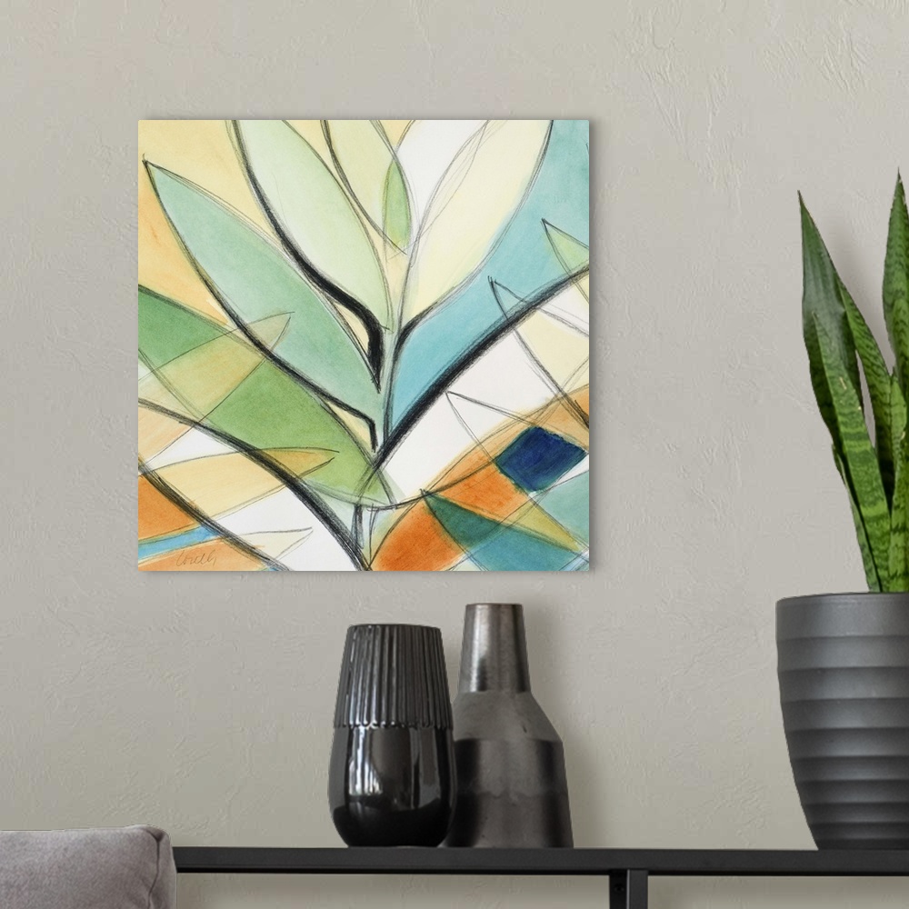 A modern room featuring Semi-abstract painting of colorful intersecting palm leaves.