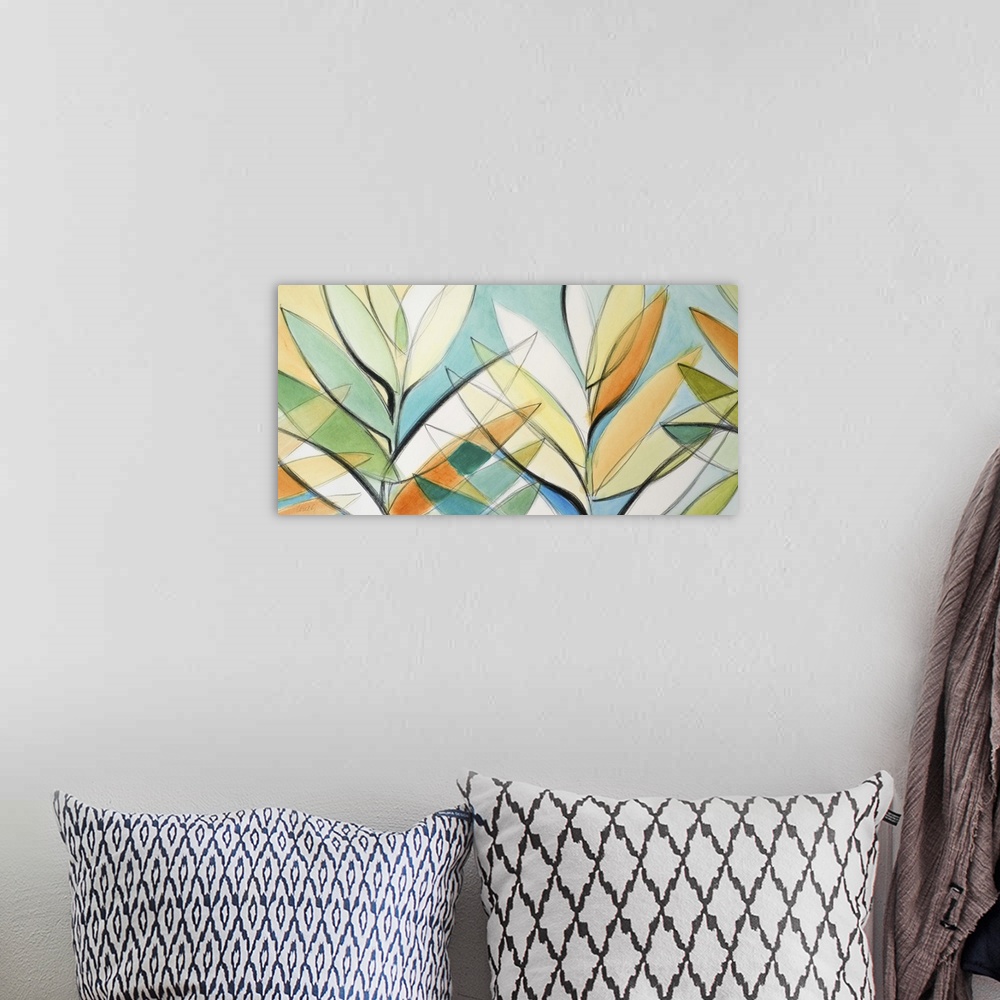 A bohemian room featuring Semi-abstract painting of colorful intersecting palm leaves.