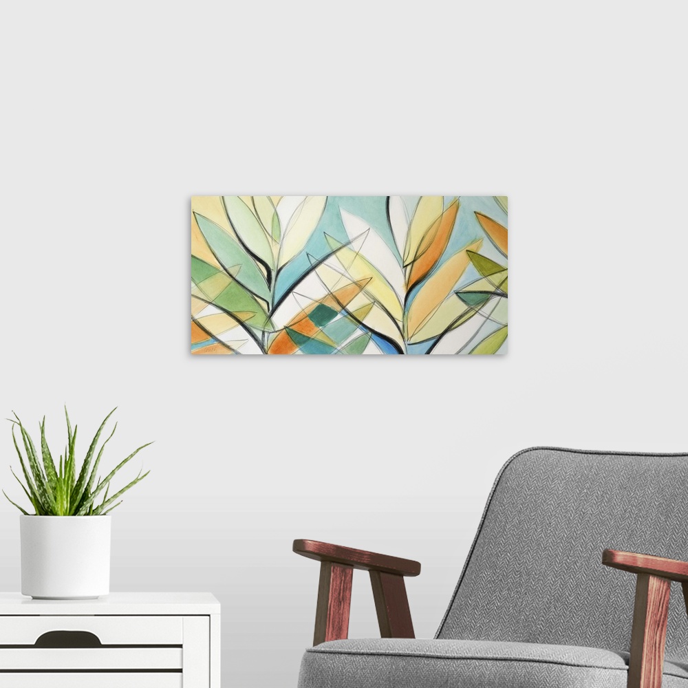 A modern room featuring Semi-abstract painting of colorful intersecting palm leaves.