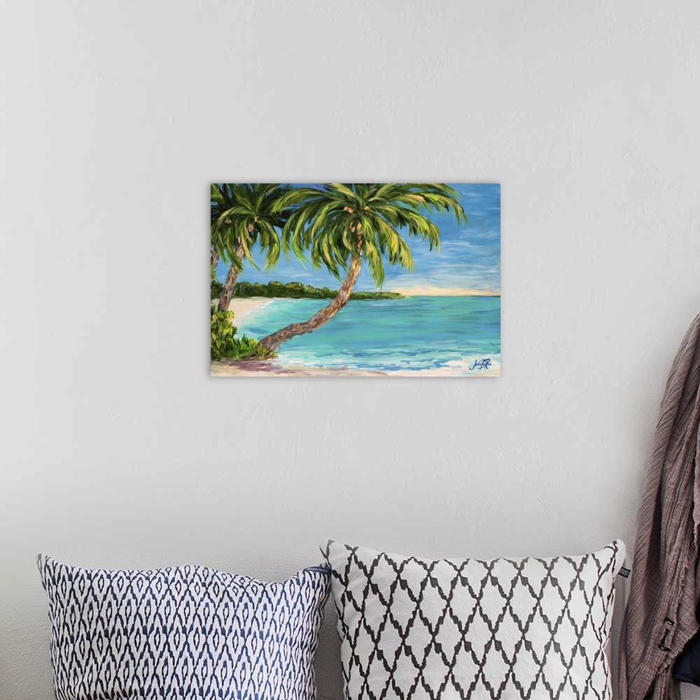 A bohemian room featuring Painting of palm trees stretching out over a tropical ocean.