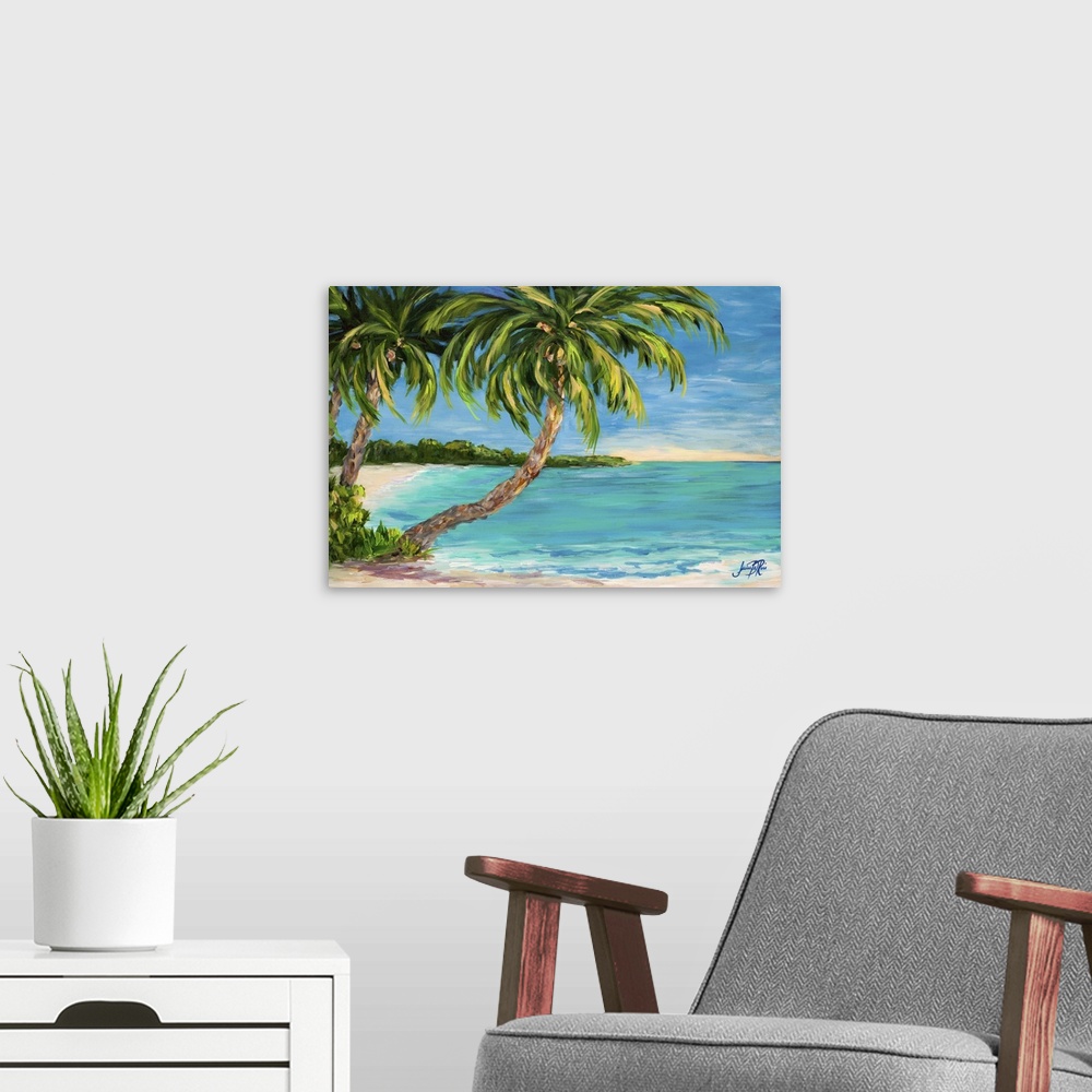 A modern room featuring Painting of palm trees stretching out over a tropical ocean.