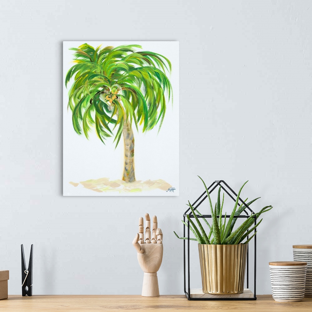 A bohemian room featuring A painting of a palm tree with flowing palm leaf branches on a white background.