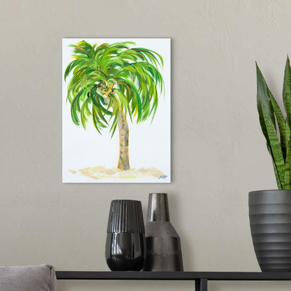 A modern room featuring A painting of a palm tree with flowing palm leaf branches on a white background.