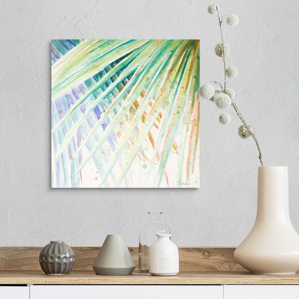 A farmhouse room featuring Square watercolor painting of pastel color, cool toned palm leaves.
