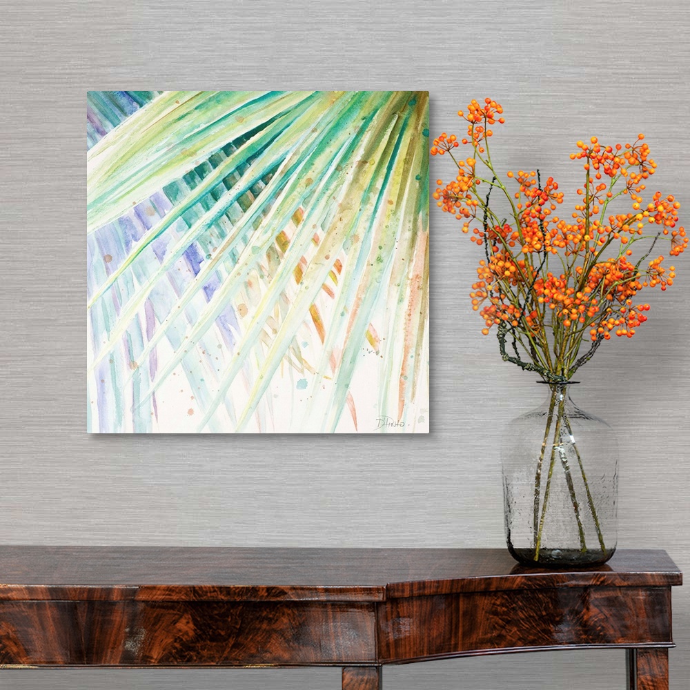 A traditional room featuring Square watercolor painting of pastel color, cool toned palm leaves.