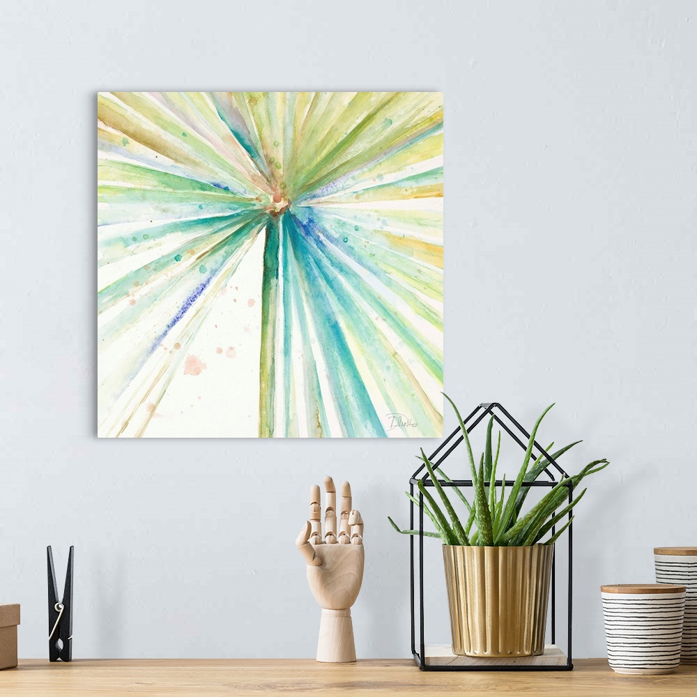 A bohemian room featuring Square abstract watercolor painting of colorful lines coming from all angles of the canvas and me...