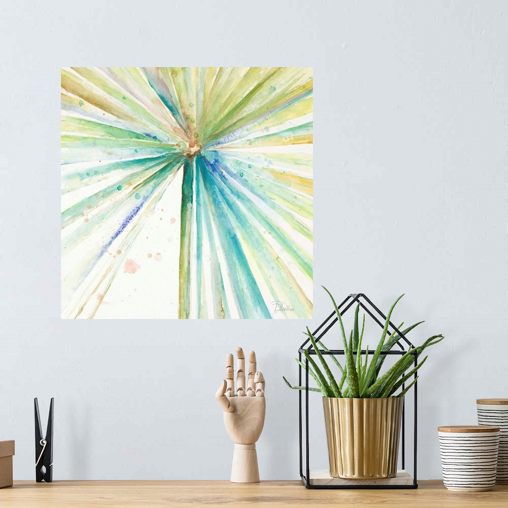 A bohemian room featuring Square abstract watercolor painting of colorful lines coming from all angles of the canvas and me...