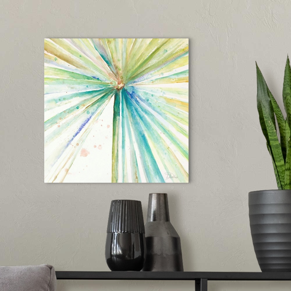 A modern room featuring Square abstract watercolor painting of colorful lines coming from all angles of the canvas and me...