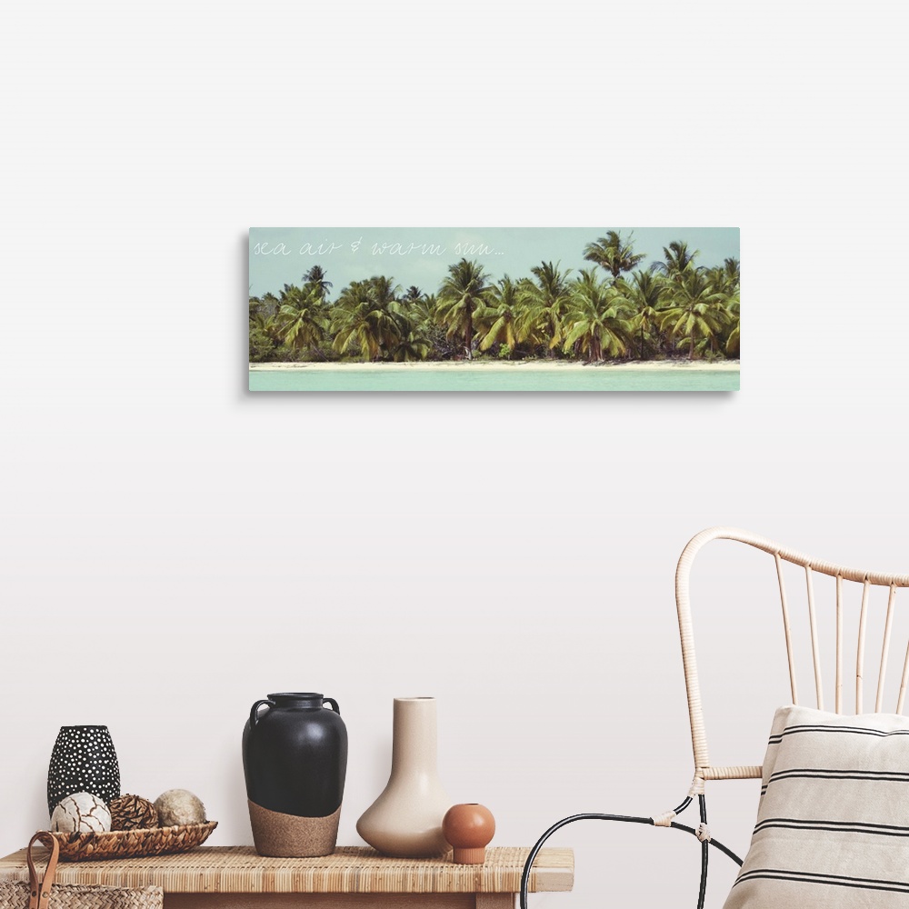 A farmhouse room featuring Panoramic contemporary artwork of palm trees growing densely on the coast.