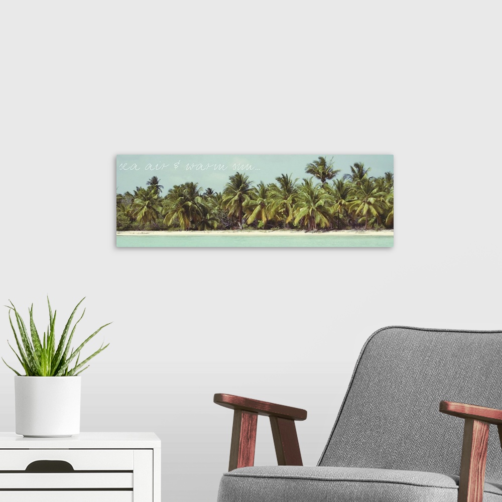 A modern room featuring Panoramic contemporary artwork of palm trees growing densely on the coast.