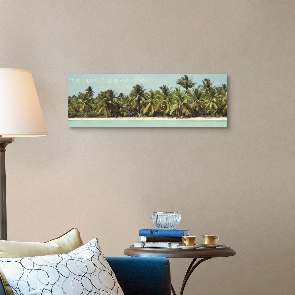 A traditional room featuring Panoramic contemporary artwork of palm trees growing densely on the coast.