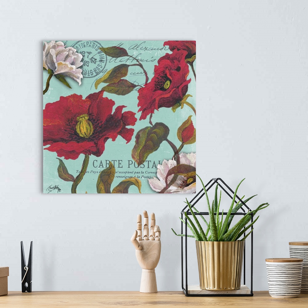 A bohemian room featuring A floral painting on an aqua colored French postcard background.