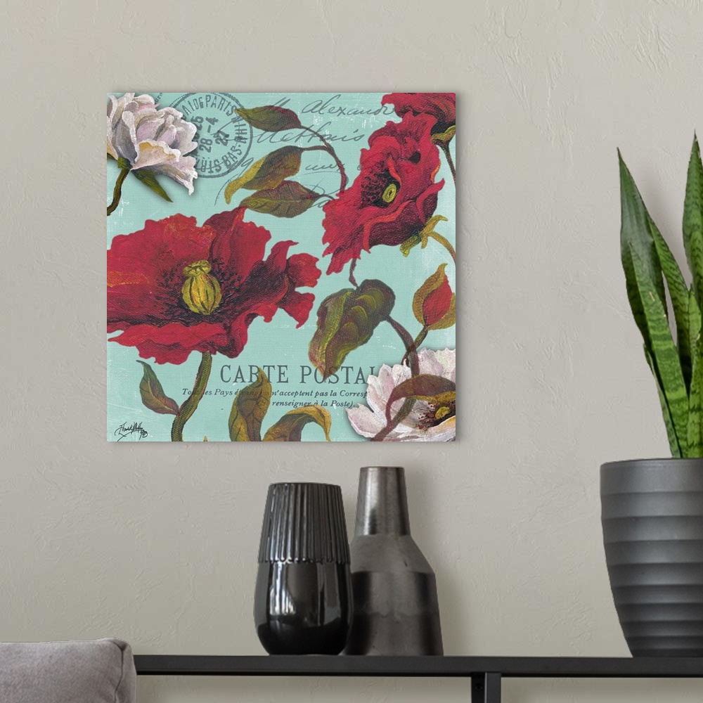 A modern room featuring A floral painting on an aqua colored French postcard background.