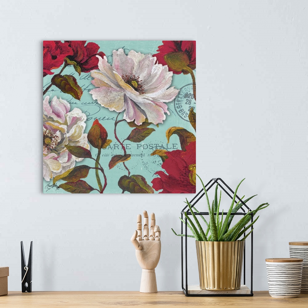 A bohemian room featuring A floral painting on an aqua colored French postcard background.