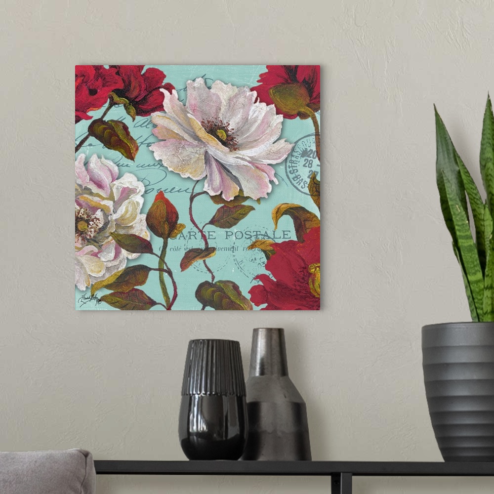 A modern room featuring A floral painting on an aqua colored French postcard background.