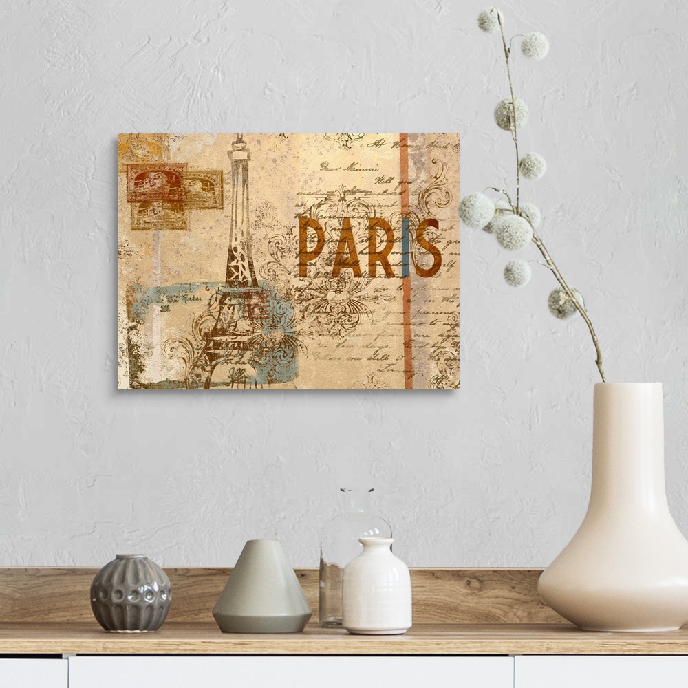 A farmhouse room featuring Digital composite of a collection vintage elements, including the Eiffel tower, postage stamps, a...