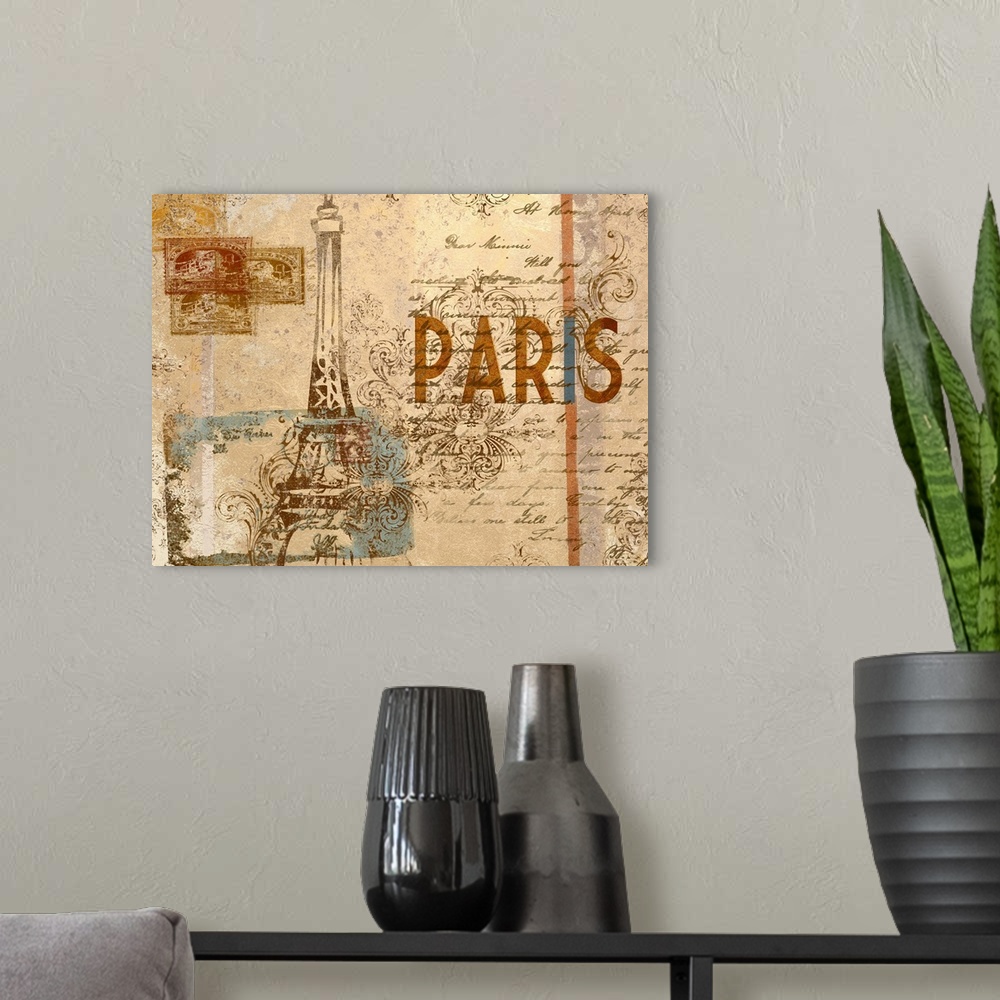 A modern room featuring Digital composite of a collection vintage elements, including the Eiffel tower, postage stamps, a...