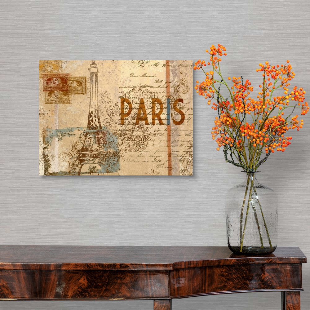 A traditional room featuring Digital composite of a collection vintage elements, including the Eiffel tower, postage stamps, a...