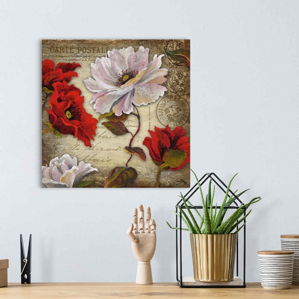 A bohemian room featuring A floral painting on a French postcard background.