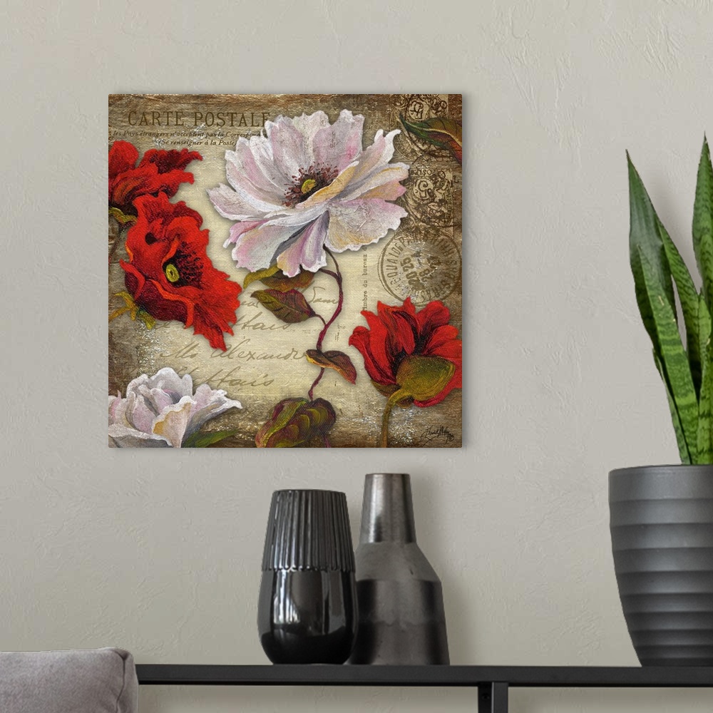 A modern room featuring A floral painting on a French postcard background.