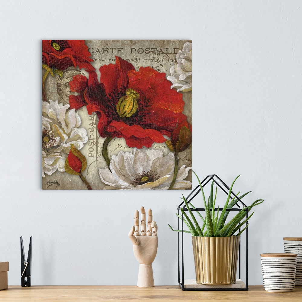 A bohemian room featuring A floral painting on a French postcard background.