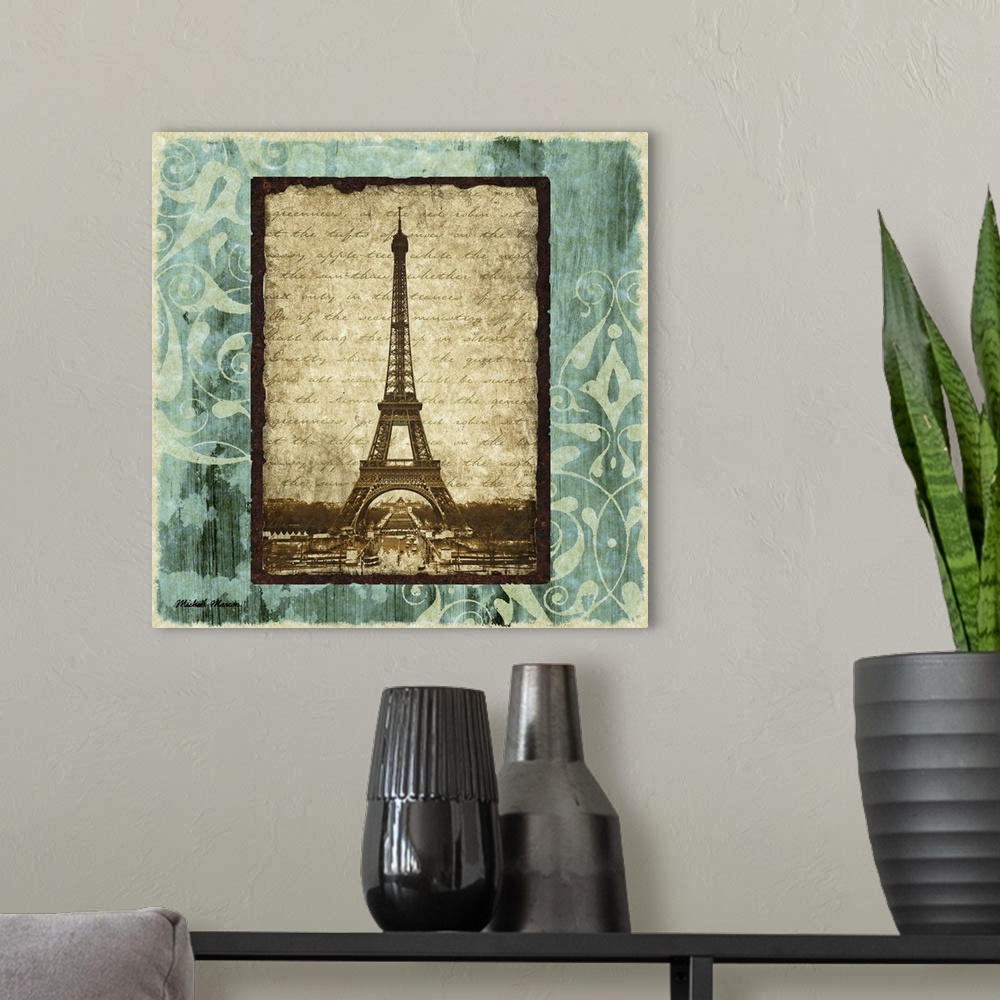 A modern room featuring Oversized, square home art docor of a vertical, vintage image of the Eiffel Tower on parchment wi...