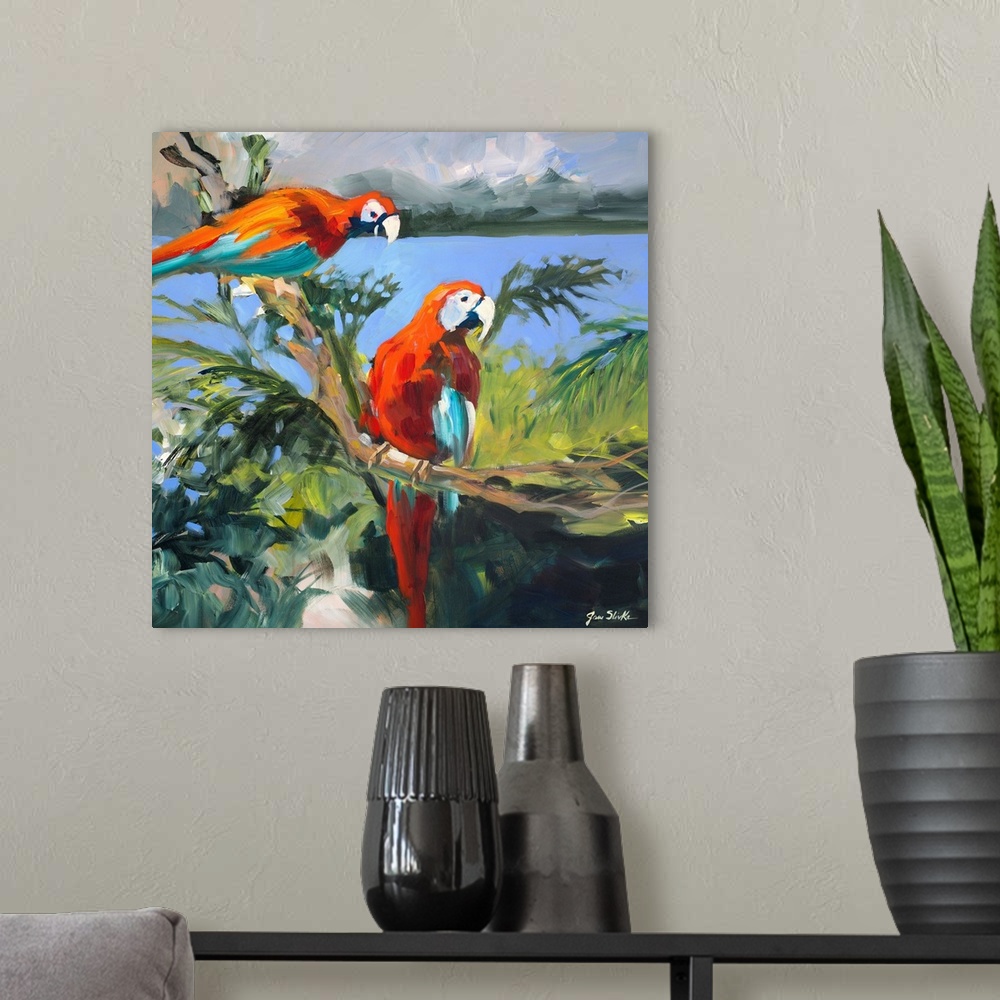 A modern room featuring Parrots at Bay II