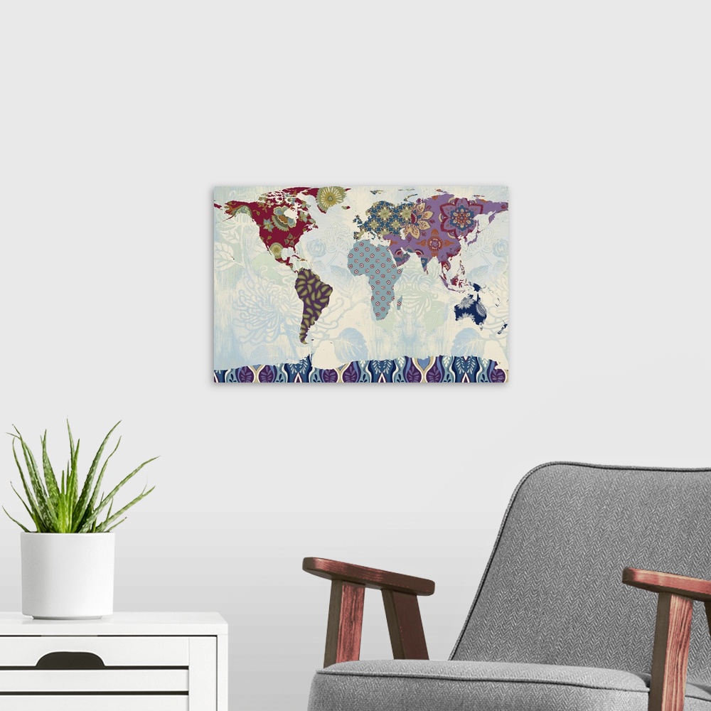 A modern room featuring A map of the world with the continents made of fabric patterns.