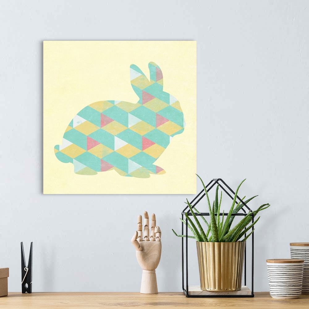 A bohemian room featuring Bunny rabbit created with a triangle pattern.