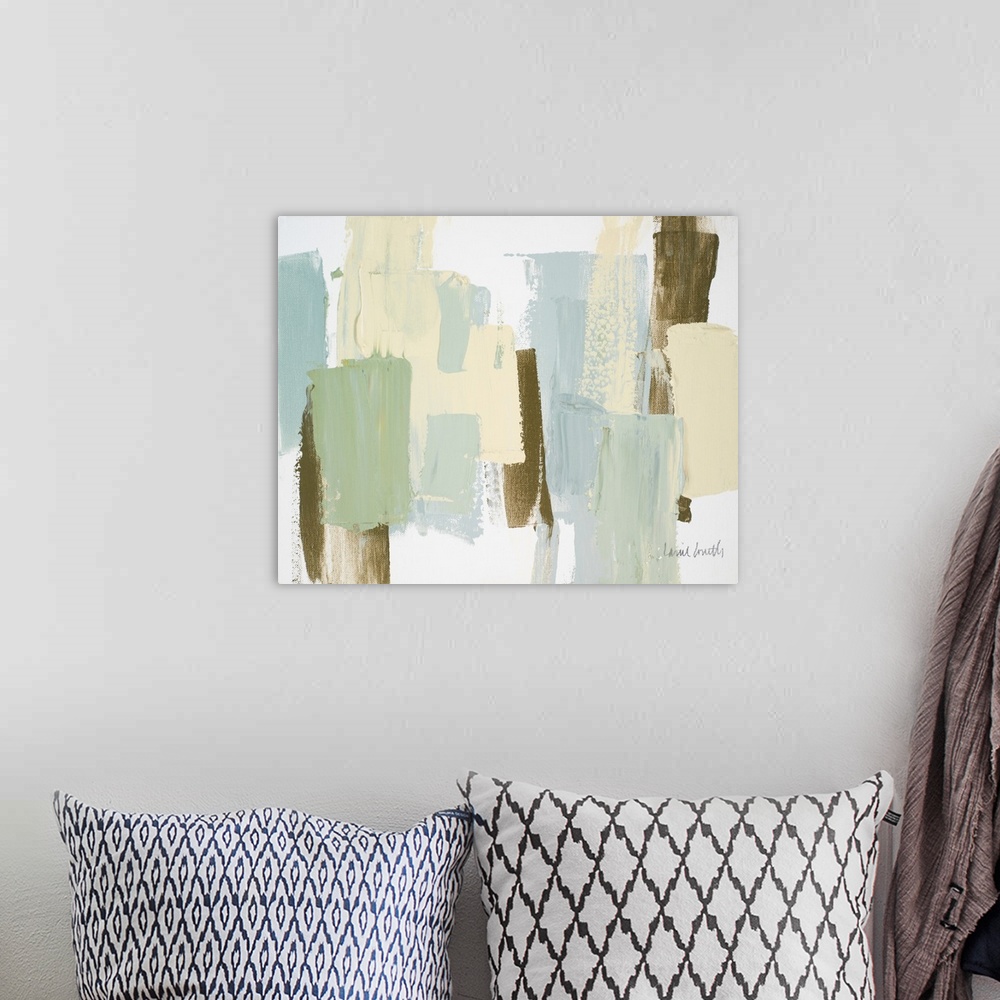 A bohemian room featuring Abstract painting with pale green, yellow, blue, and dark gold thick vertical brushstrokes layere...