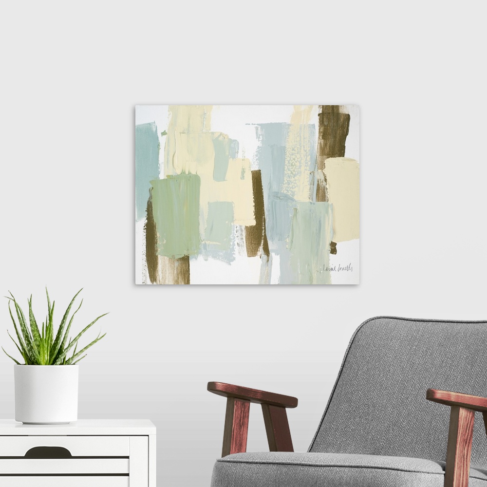 A modern room featuring Abstract painting with pale green, yellow, blue, and dark gold thick vertical brushstrokes layere...
