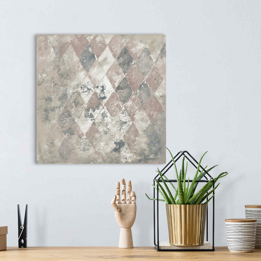 A bohemian room featuring A contemporary abstract painting of a gray toned diamond pattern.