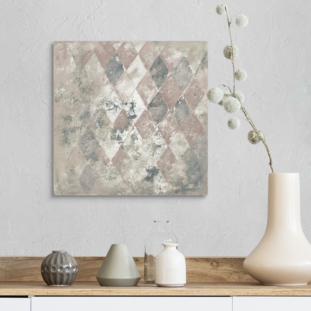 A farmhouse room featuring A contemporary abstract painting of a gray toned diamond pattern.