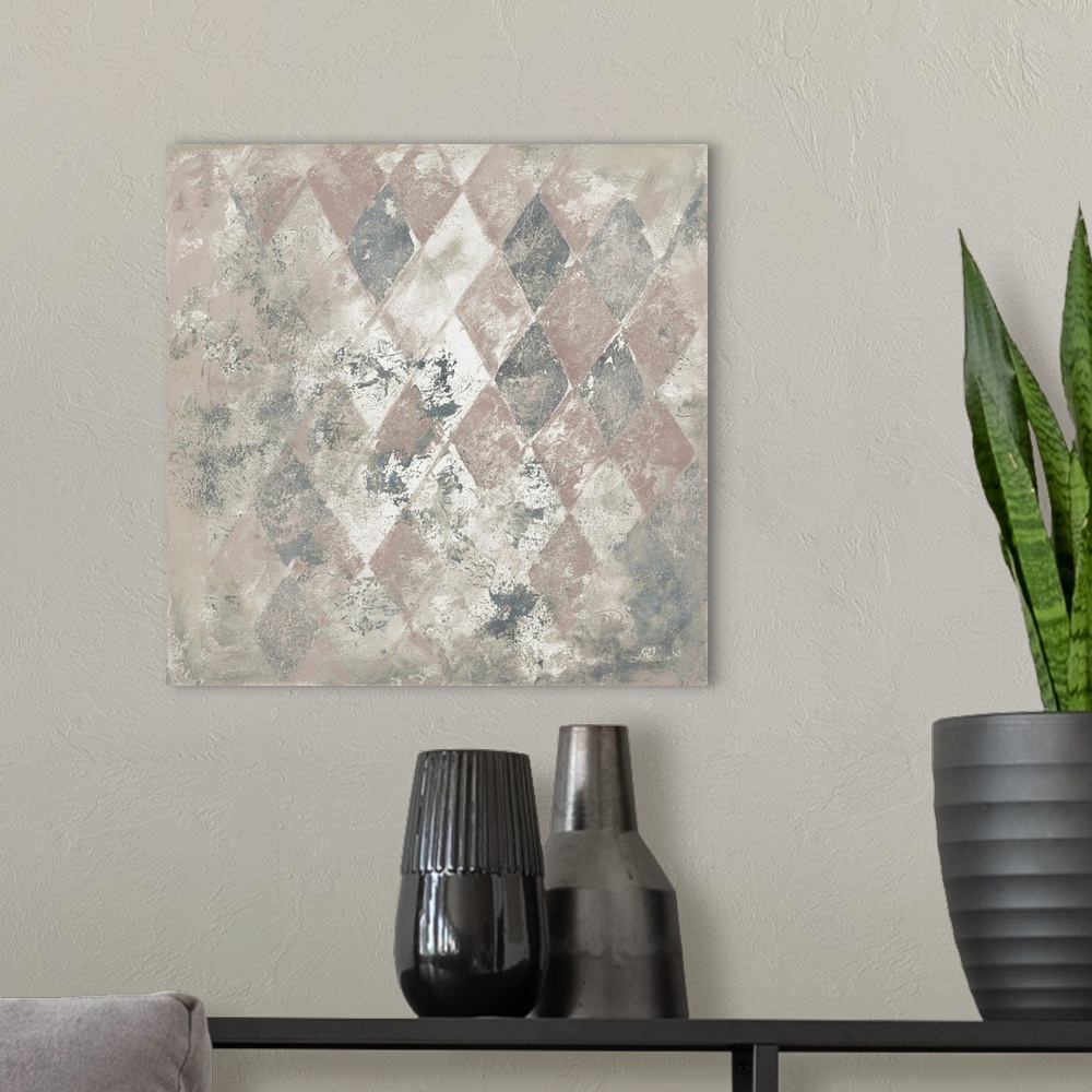 A modern room featuring A contemporary abstract painting of a gray toned diamond pattern.