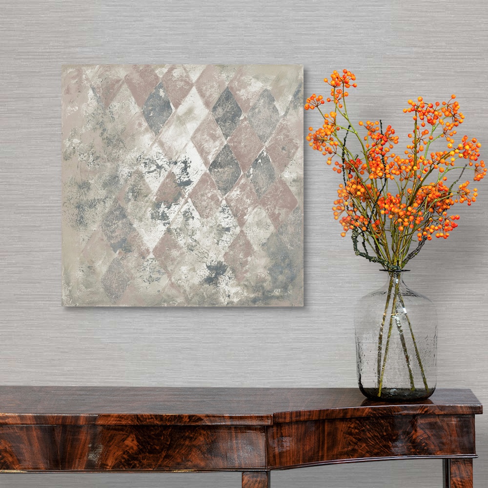 A traditional room featuring A contemporary abstract painting of a gray toned diamond pattern.