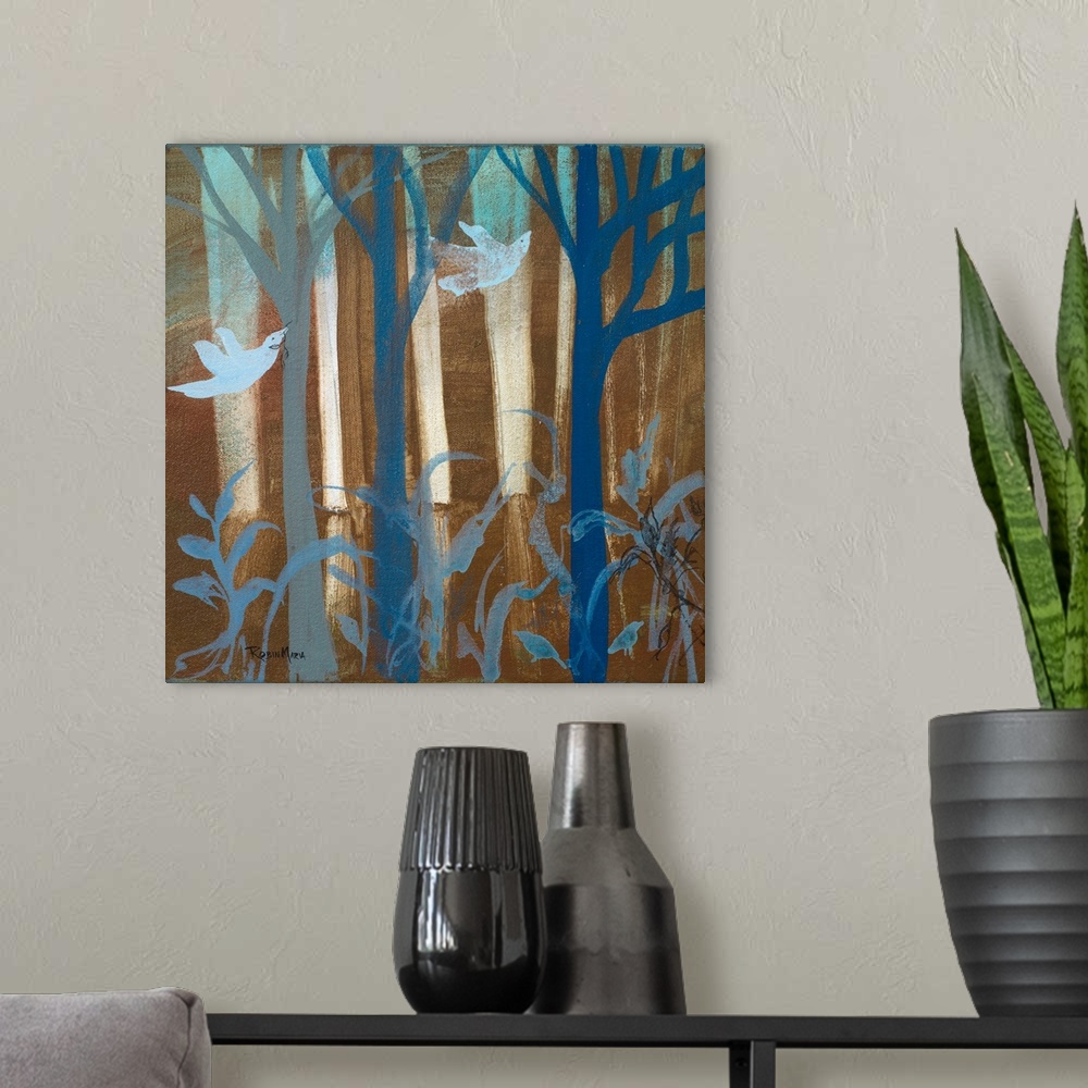 A modern room featuring Two pale blue birds flying through a dark brown and blue forest.
