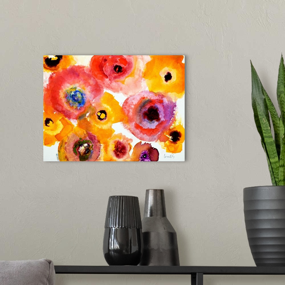 A modern room featuring A floral watercolor painting with bright, warm hues.