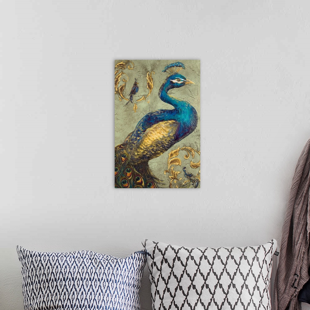 A bohemian room featuring This large vertical canvas shows a beautiful peacock with golden feathers.