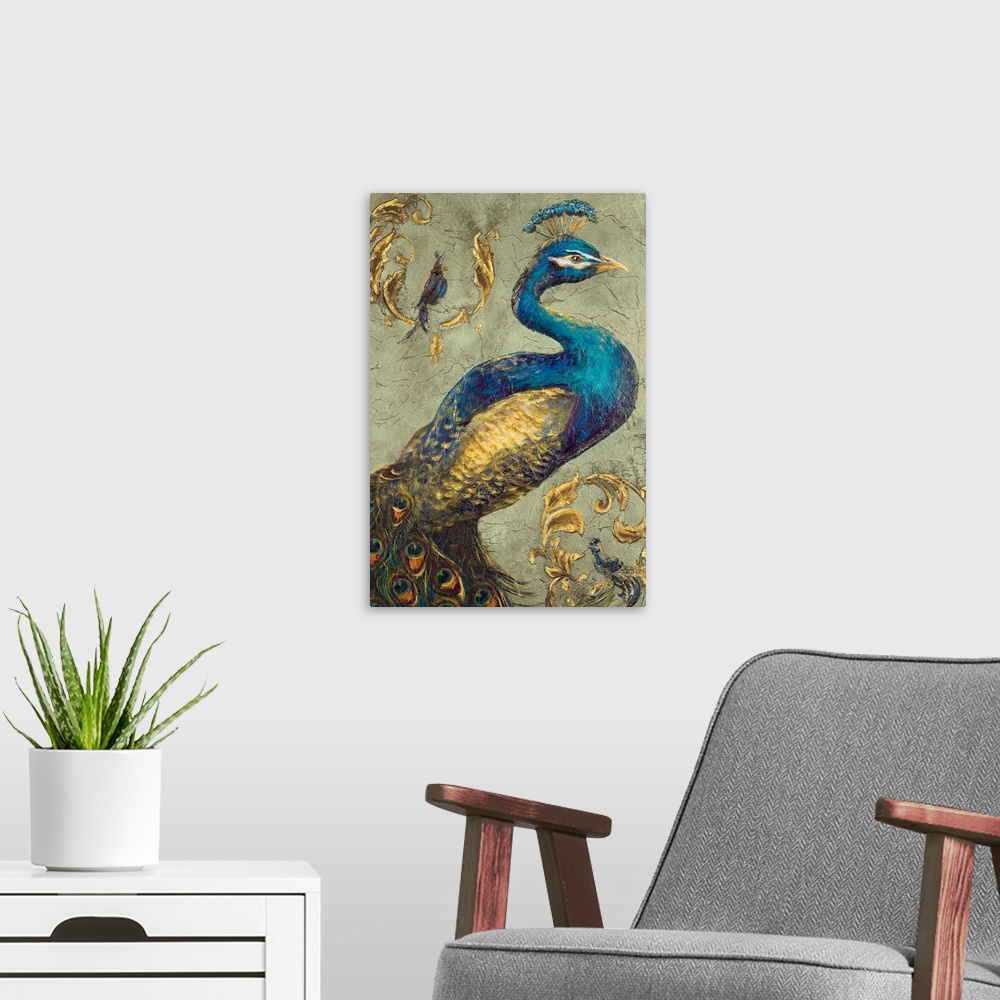 A modern room featuring This large vertical canvas shows a beautiful peacock with golden feathers.