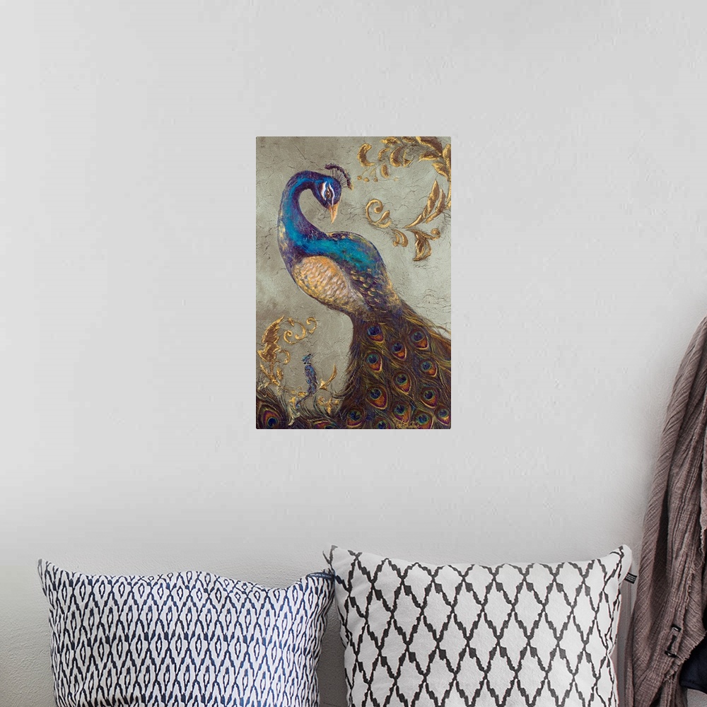 A bohemian room featuring Painting of a feathered bird with long neck posing.  Its colorful eye-like tail feathers fill the...