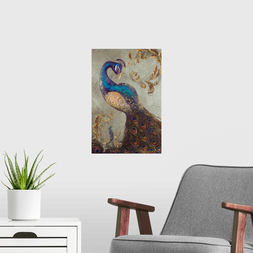 A modern room featuring Painting of a feathered bird with long neck posing.  Its colorful eye-like tail feathers fill the...