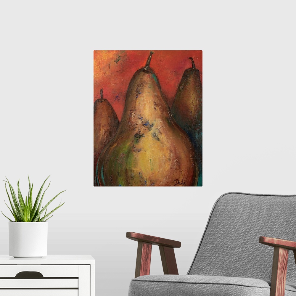 A modern room featuring Painting of three pears on a warm background with a  brush stroke texture over top.