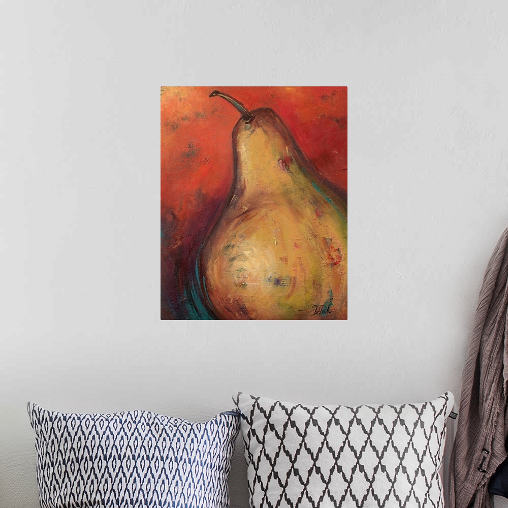 A bohemian room featuring Large painting of a pear on canvas on a warm background.
