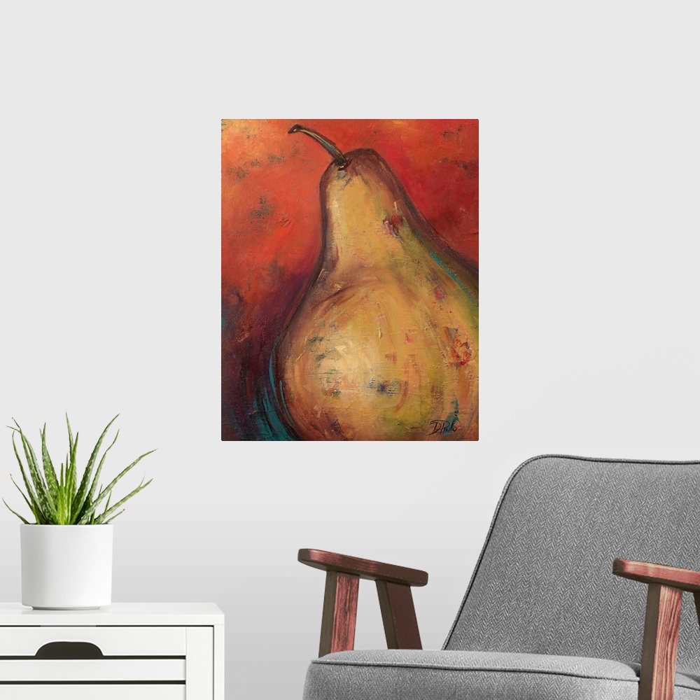 A modern room featuring Large painting of a pear on canvas on a warm background.