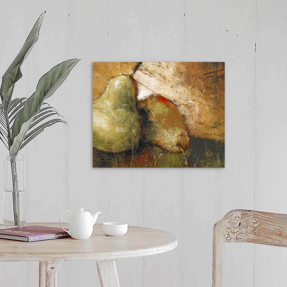 A farmhouse room featuring Painting of fruit sitting on a table.  The image is textured with visible paint strokes.
